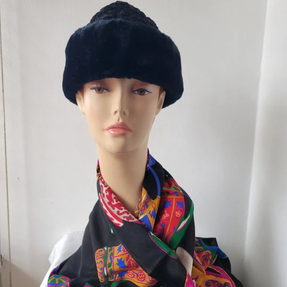 Vintage Astrakhan / Ushanka Blue/Black Winter Hat